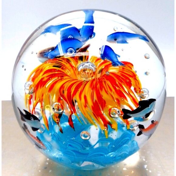 Murano Glass Tropical Fish Aquarium Art Paperweight 4.5" X 4.15" Handcrafted Wit - Picture 3 of 15